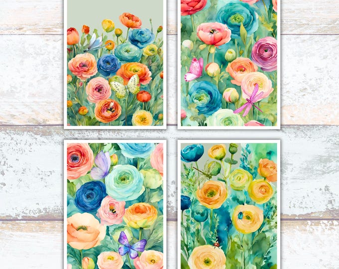Ranunculus Flowers and Insects Watercolor Greeting Card Set of 4, Pretty Colorful Floral Stationery Set, Lover of Flowers Writing Cards Her