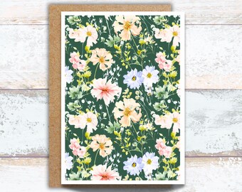 Spring Floral Greeting Card, Green Watercolor Flowers Writing Card, Pretty Nature Stationery, English Garden Card, Green Floral Wedding Card