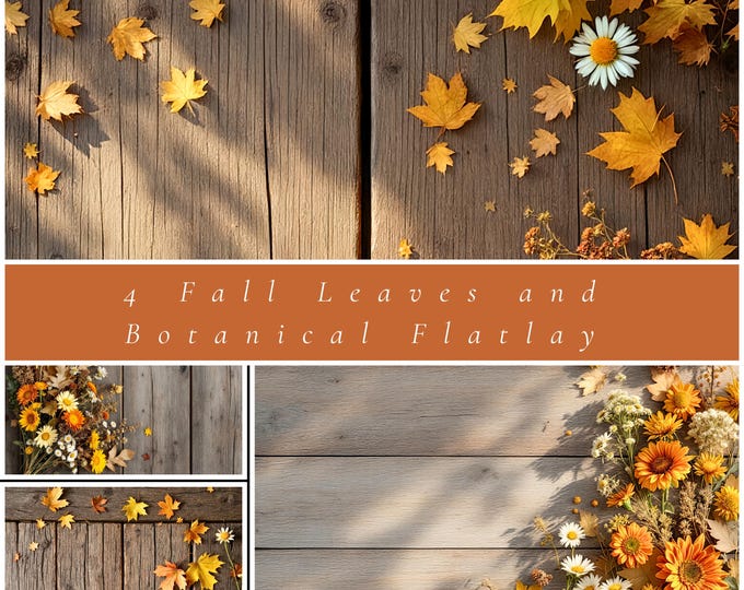 Fall Leaves and Botanical Flatlay Mockups, 4 Rustic Autumn Backgrounds + Bonus 5 Sec Video, Cozy Farmhouse Flat Lay Set for Tags and Cards