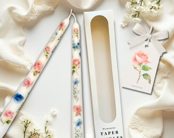 Blush and Blue Rose Taper Candles, Floral Wedding Table Decor, Romantic Tea Party Centerpiece, Unscented Pastel Candles, Elegant Bridal Gift