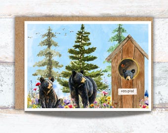 Bears Using Outhouse Greeting Card, Family of Bears in Nature, Funny Bear Writing Cards, Bear Lover Gift, Nature is Calling Note Cards, Cute