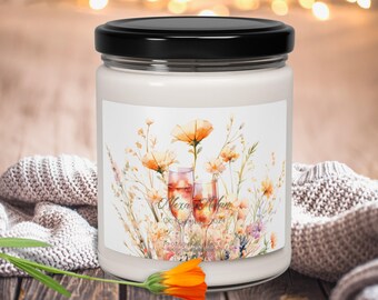 Cheers to the Newlyweds Soy Scented Candle, Champagne Flutes and Boho Floral Candle, Floral Wedding Candle for Bridal Party, Wedding Favor