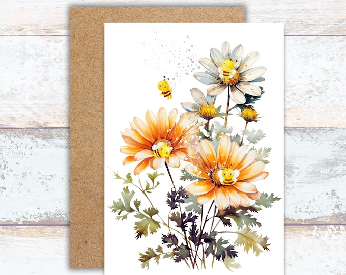 Bees and Orange Daisies Watercolor Greeting Card, Orange Flowers and Bees Writing Cards, Lover of Bees Stationery, Daisy Lover and Bees Card