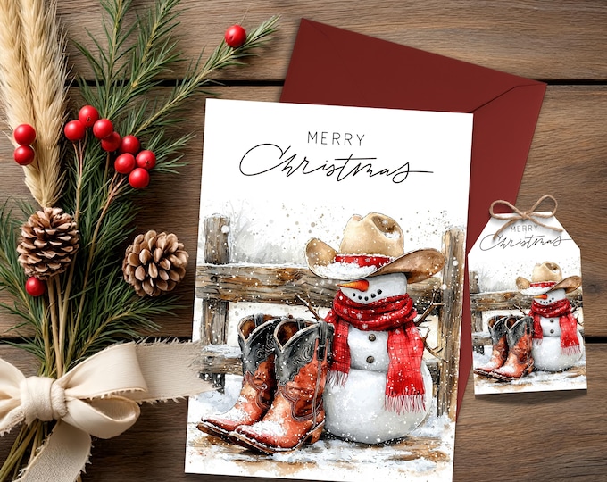 Cowboy Christmas Card with Matching Gift Tag, Western Snowman Holiday Card, Holiday Greeting for Country Lovers, Boots & Hat Winter Scene