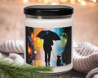 Man Walking Dog in Rain Scented Candle, Man and Dog in Night Rain Soy Candle, Dog Lover Gift, Lover of Rain Gift, Night Rain Soy Candle