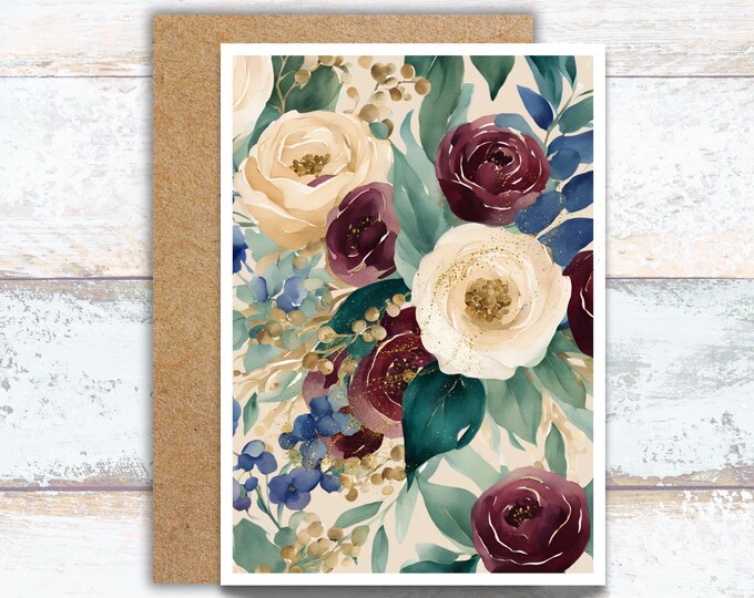 Burgundy and Beige Watercolor Flowers with Gold Accents Greeting Card for Any Occasion, Rustic Botanical Writing Cards, Nature Inspired Card