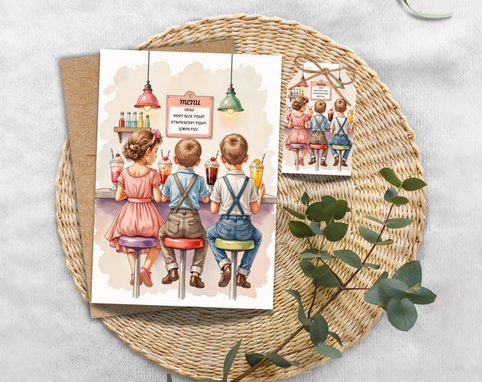 Kids at Soda Fountain Card with Retro Ice Cream Shop Illustration, Vintage Style Greeting with Gift Tag, Watercolor Nostalgic Writing Card