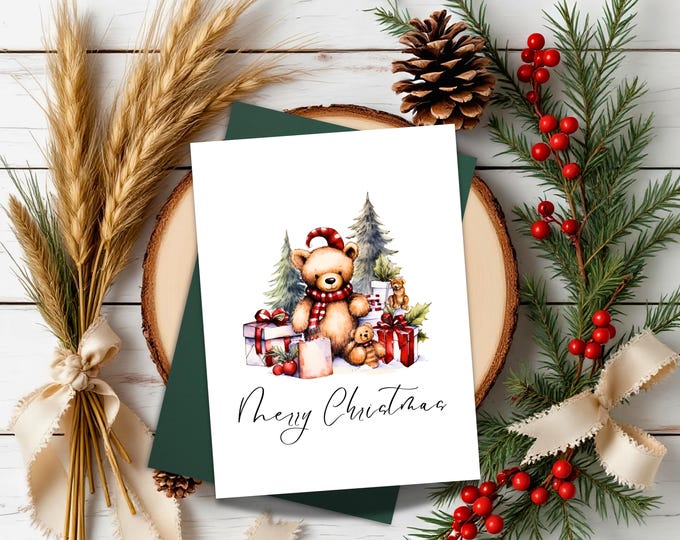 Vintage Christmas Teddy Bear Card: Cozy Holiday Greeting with Optional Gift Tag