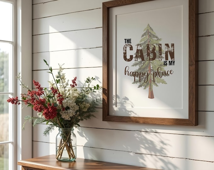 Cabin Wall Art Print: Rustic Pine Tree, 'My Happy Place' Quote