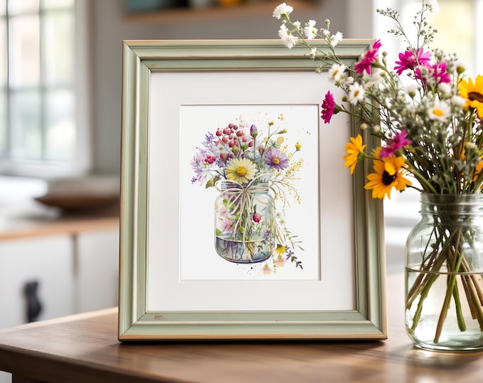 Wildflower Mason Jar Bouquet Art Print – Cottagecore Farmhouse Home Décor