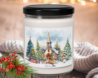 Christmas Bear Ice Skating Scented Candle, Holiday Bear Skating in Front of a Church Soy Candle, Cute Bear and Christmas Trees Home Decor
