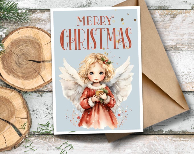 Christmas Angel Holiday Greeting Card, Watercolor Angel Girl with Wings Christmas Card, Angel Baby Watercolor Christmas Card, Angel Peace