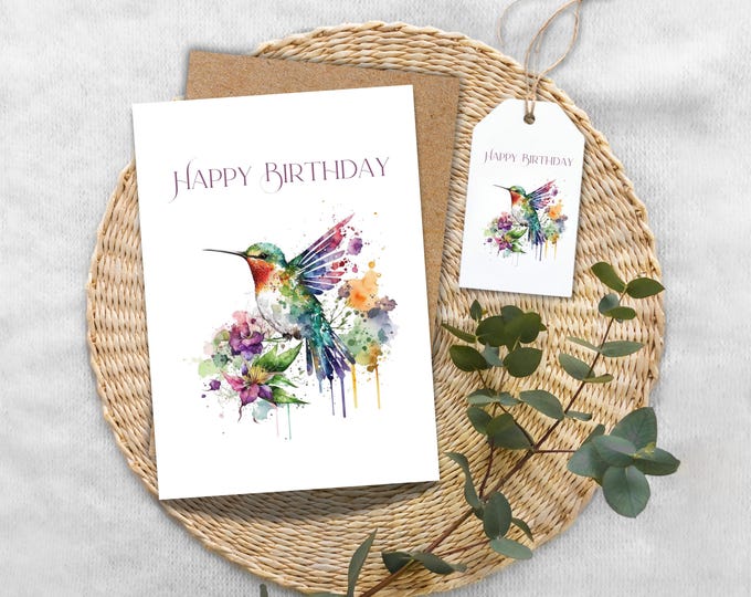 Hummingbird Birthday Card, Watercolor Bird Greeting Card + Kraft Envelope, Colorful Floral Nature Art, Blank Inside, Cottagecore Stationery