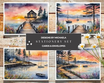 Sailboats on a Misty Lake Greeting Card Set of 4, Rustic Dock on a Foggy Lake Watercolor Stationery, Lakehouse on a Misty Forest Lake Cards