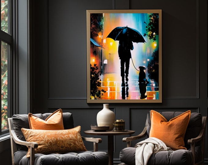 Man and Dog Walking in Rain at Night Wall Art Print, Watercolor Rainy Night Print, Man's Best Friend Rainy Wall Decor, Rainy Night Street
