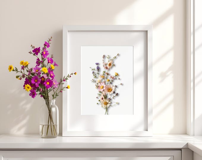 Pressed Inspired Flower Art Print: Botanical Wildflower Wall Decor