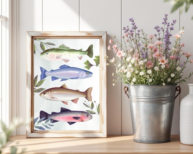 Watercolor Trout Art Print: Rustic Cabin, Lake House Wall Decor