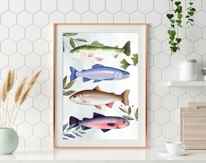 Trout Wall Art, Watercolor Trout Decor, Rustic Cabin Wall Print, River Trout Wall Print, Lake House Wall Decor, Farmhouse Fish Art,