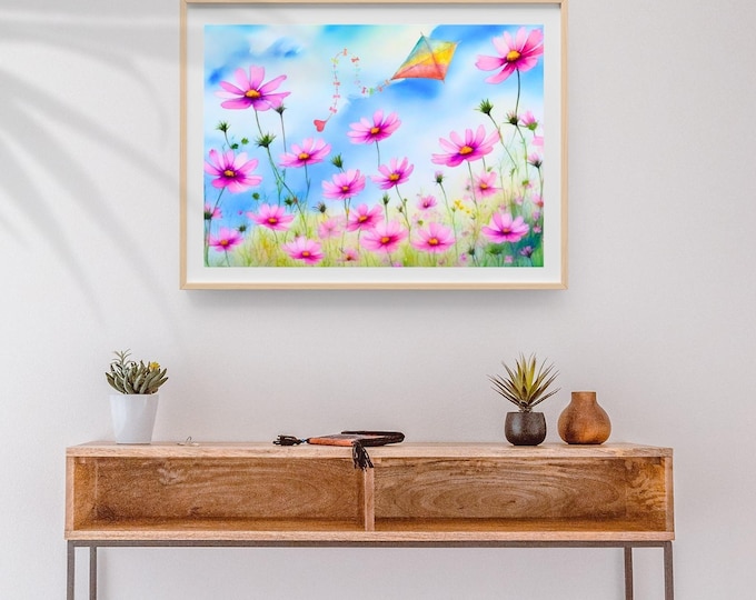 Field of Daisies and Flying Kite Watercolor Art Print, Whimsical Kite and Flowers Wall Decor, Pink Daisies Under a Blue Sky Gift for Her