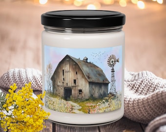 Rustic Barn and Windmill Scented Candle, Vintage Farmhouse and Flowers Soy Candle, Aged Wooden Barn Decor, Lover of Farmhouse Style Decor