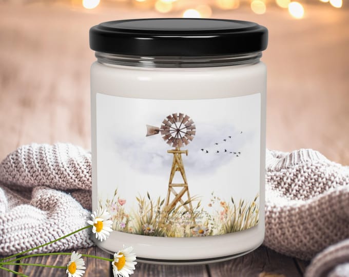 Rustic Watercolor Windmill in Flower Fields Scented Candle, Farmhouse Windmill in Wildflowers Soy Candle, Lover of Windmills Cottage Decor