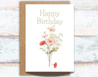 Pressed Flower Happy Birthday Card, Botanical Wildflower Greeting Card with Sage Envelope, Blush Floral Birthday Stationery for Nature Lover
