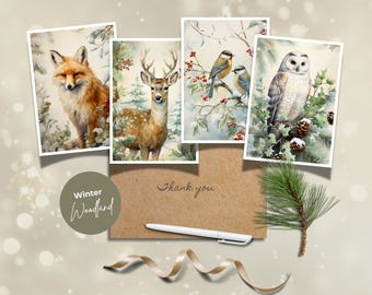 Winter Woodland Animals Vintage Greeting Cards for Holidays, Personalized Forest Animals Watercolor Set of 4, Vintage Animals in the Snow