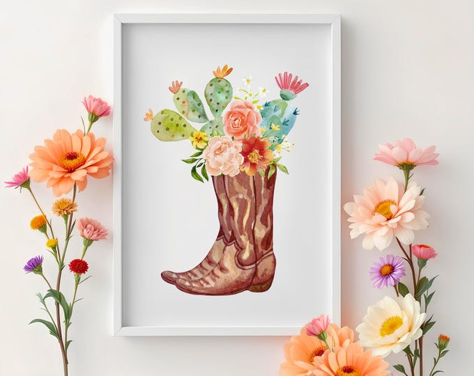 Cowgirl Boot Cactus Art Print: Southwest Floral Wall Décor with Rustic Western Charm