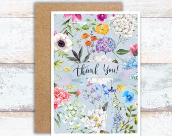 Botanical Thank You Card, Blue Floral Thank You Stationery, Watercolor Flowers Writing Cards, Thank You Floral Greeting Cards, Card For Her