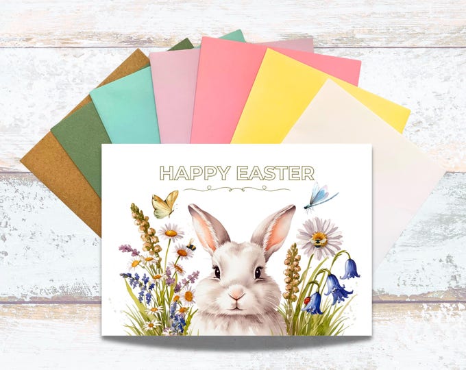 Easter Bunny in Rustic Widlflowers Watercolor Greeting Card for Housewarming, White Fluffy Easter Bunny in Flowers Card for Candy and Gifts