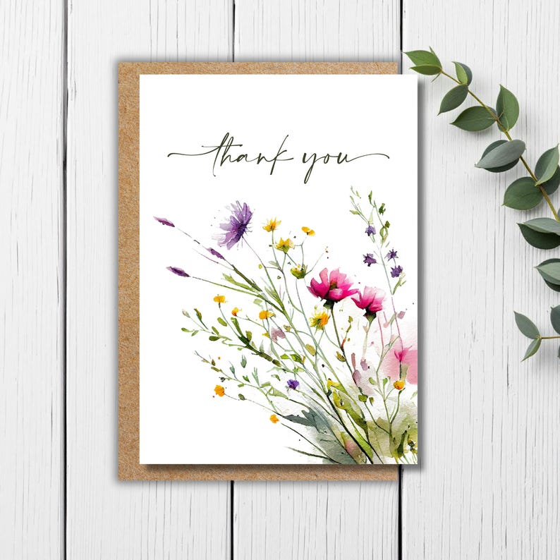Wildflower Thank You Watercolor Card: Floral Stationery Set - Etsy