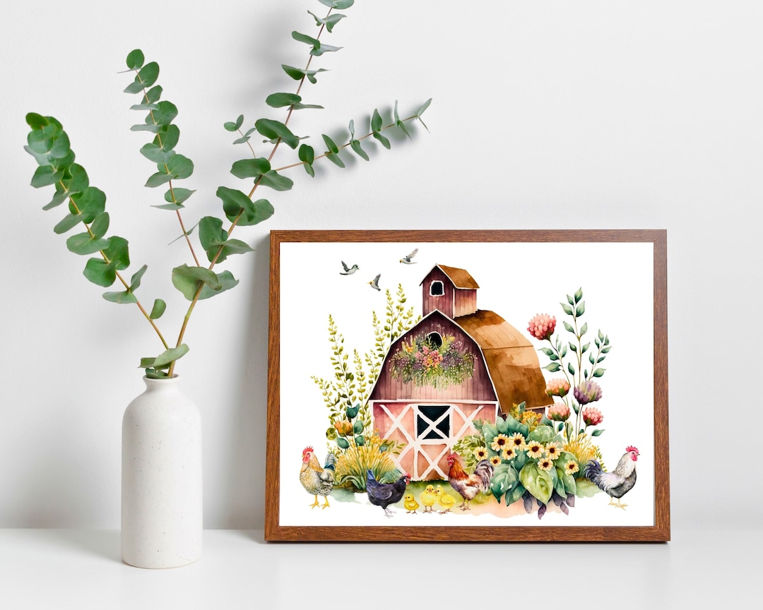 Farmhouse Art Print, Watercolor Farm Wall Art, Rooster Art, Barnhouse