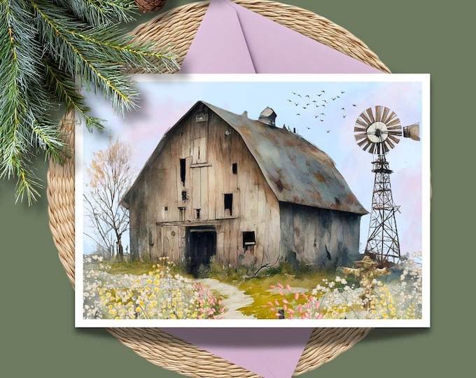 Watercolor Barn and Windmill Greeting Card: Rustic Farmhouse Note Cards