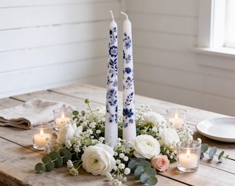 Chinoiserie Blue Floral Tapers: Elegant Cottagecore Candlestick Set for Tables, Decor and Gifts