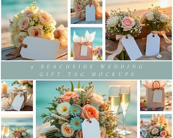 Beach Wedding Gift Tag Mockup Bundle, Blush Floral Tag Templates for Etsy and Stationery Designers, Coastal Boho Wedding Tags for Photos