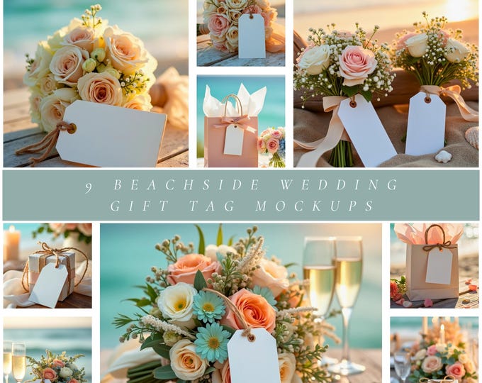 Beach Wedding Gift Tag Mockup Bundle, Blush Floral Tag Templates for Etsy and Stationery Designers, Coastal Boho Wedding Tags for Photos