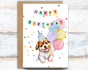 Happy Birthday Puppy and Balloons Greeting Card, Watercolor Puppy Birthday Card, Lover of Dogs Birthday Greeting, Birthday Celebration Puppy
