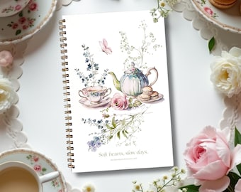 Tea Lover Hardcover Floral Notebook, Elegant Watercolor Teapot & Floral Journal College Ruled, Cottagecore Stationery Birthday Gift for Her
