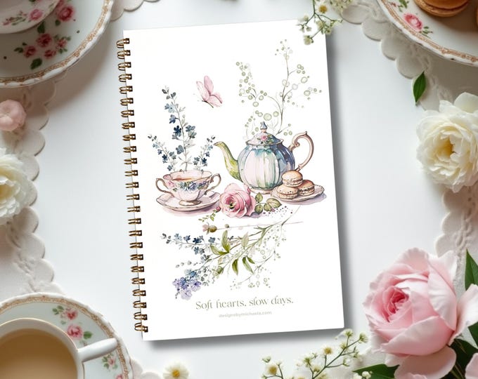 Tea Lover Hardcover Floral Notebook, Elegant Watercolor Teapot & Floral Journal College Ruled, Cottagecore Stationery Birthday Gift for Her