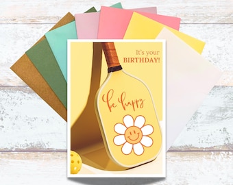 Pickleball Be Happy Birthday Greeting Card, Yellow Pickleball Paddle Birthday Greeting, Cute Be Happy Smiley Face Pickleball Birthday Card