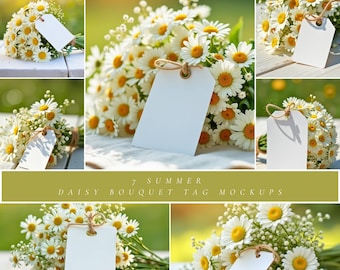 Daisy Bouquet Gift Tag Mockups, Summer Flat Lay Photo Bundle for Printable Tags, Floral Tag Mockups with White Daisies,  Garden Gift Tags