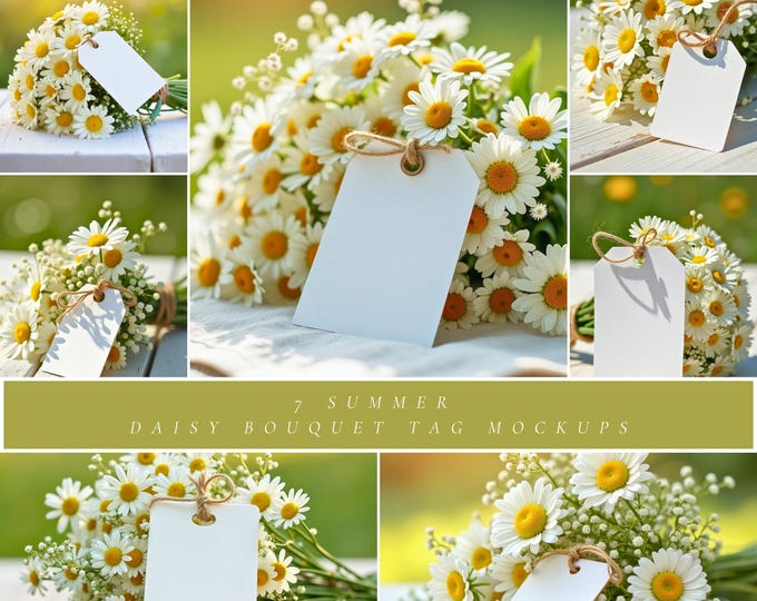 Daisy Bouquet Gift Tag Mockups: Summer Floral Flat Lay (JPG Download)