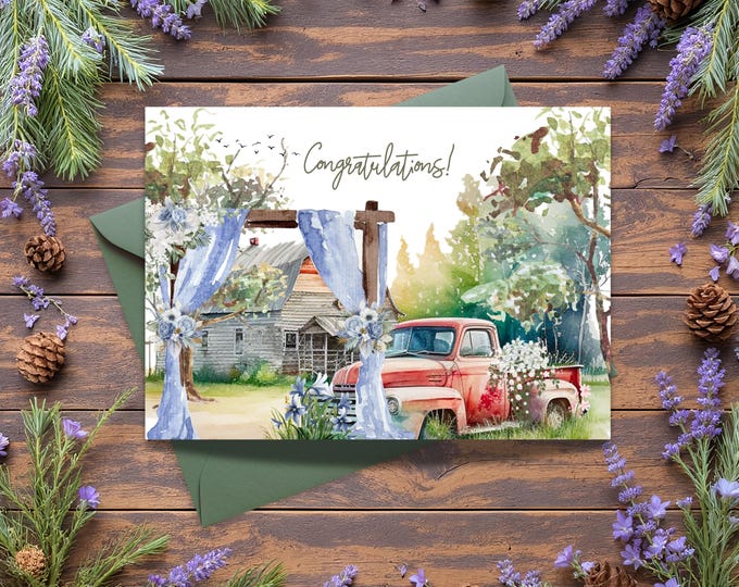Watercolor Red Truck Wedding Card: Rustic Farmhouse Congratulations