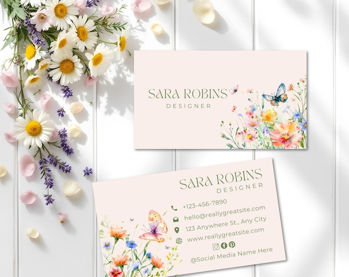 Custom Watercolor Business Cards Double-Sided 3.5x2, Personalized Floral Business Card Digital or Printed, Nature Inspired Cottagecore Cards