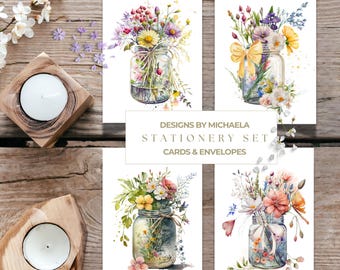 Mason Jar Spring Bouquet of Flowers Watercolor Greeting Card Set, Pretty Floral Mason Jar Writing Cards, Farmhouse Mason Jar Flower Bouquet
