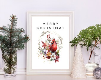 Merry Christmas Cardinal and Floral Holiday Bouquet Print, Red Watercolor Cardinal Christmas Wall Decor, Red Bird Holiday Decor, Bird Lover