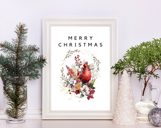 Merry Christmas Cardinal and Floral Holiday Bouquet Print, Red Watercolor Cardinal Christmas Wall Decor, Red Bird Holiday Decor, Bird Lover
