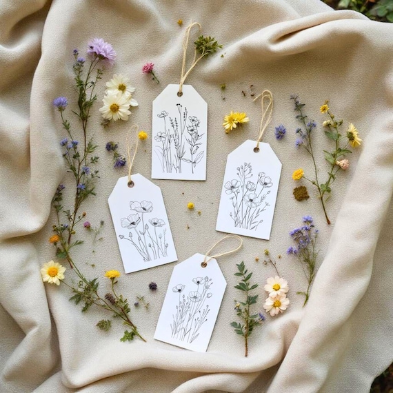 Botanical Gift Tags: Wildflower Line Art, Rustic Kraft String (Set of 8)