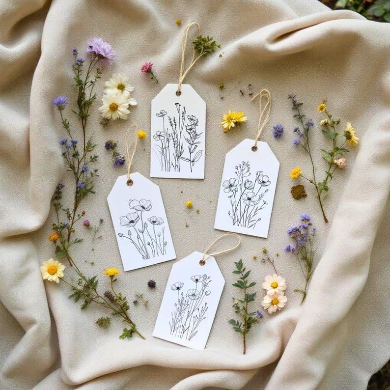 Botanical Gift Tags: Wildflower Line Art, Rustic Kraft String (Set of 8) bild 1