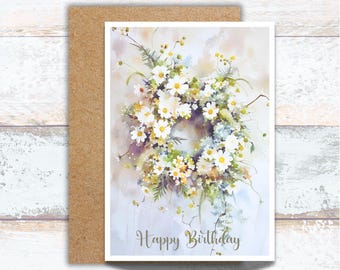Rustic Floral Watercolor Birthday Card, Daisy Wreathe Soft Floral Birthday Greeting, Lover of Daisy Flowers Watercolor Birthday for Her